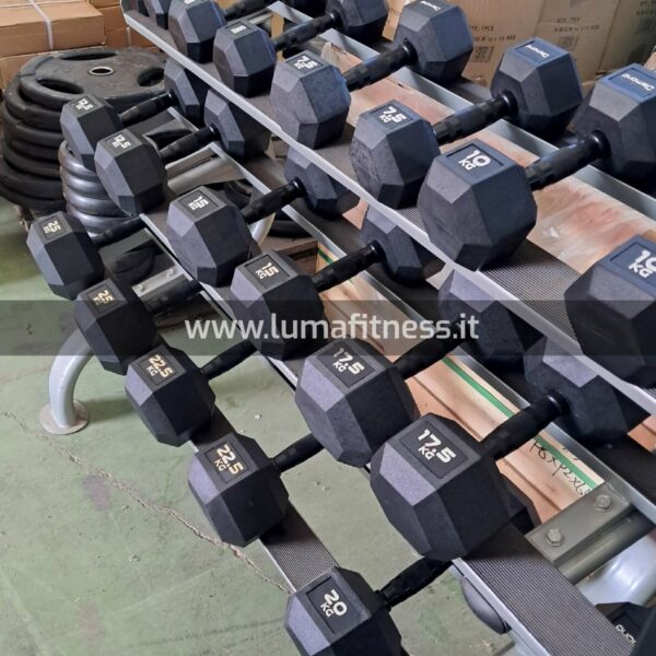 Set Manubri Esagonali Total Black con Rastrelliera Silver